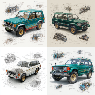 mitsubishi pajero v55 evo classic model, 3d central rendering on a pure white background, surrounded by hand-drawn sketches of key components. pencil sketch style with detailed annotations, including text descriptions and precise measurements. the classic color scheme highlights the elegance of this historic vehicle. the design focuses on both the full car and intricate mechanical details, capturing the essence of vintage automotive engineering.