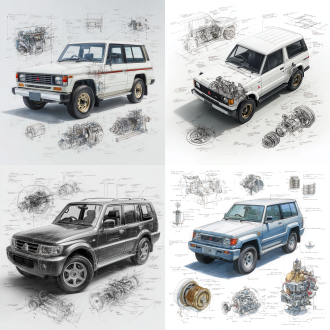mitsubishi pajero v55 evo classic model, 3d central rendering on a pure white background, surrounded by hand-drawn sketches of key components. pencil sketch style with detailed annotations, including text descriptions and precise measurements. the classic color scheme highlights the elegance of this historic vehicle. the design focuses on both the full car and intricate mechanical details, capturing the essence of vintage automotive engineering.