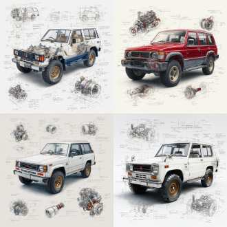 mitsubishi pajero v55 evo classic model, 3d central rendering on a pure white background, surrounded by hand-drawn sketches of key components. pencil sketch style with detailed annotations, including text descriptions and precise measurements. the classic color scheme highlights the elegance of this historic vehicle. the design focuses on both the full car and intricate mechanical details, capturing the essence of vintage automotive engineering.