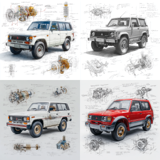 mitsubishi pajero v55 evo classic model, 3d central rendering on a pure white background, surrounded by hand-drawn sketches of key components. pencil sketch style with detailed annotations, including text descriptions and precise measurements. the classic color scheme highlights the elegance of this historic vehicle. the design focuses on both the full car and intricate mechanical details, capturing the essence of vintage automotive engineering.
