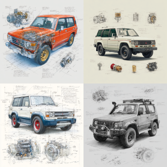 mitsubishi pajero v55 evo classic model, 3d central rendering on a pure white background, surrounded by hand-drawn sketches of key components. pencil sketch style with detailed annotations, including text descriptions and precise measurements. the classic color scheme highlights the elegance of this historic vehicle. the design focuses on both the full car and intricate mechanical details, capturing the essence of vintage automotive engineering.
