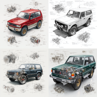 mitsubishi pajero v55 evo classic model, 3d central rendering on a pure white background, surrounded by hand-drawn sketches of key components. pencil sketch style with detailed annotations, including text descriptions and precise measurements. the classic color scheme highlights the elegance of this historic vehicle. the design focuses on both the full car and intricate mechanical details, capturing the essence of vintage automotive engineering.
