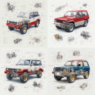 mitsubishi pajero v55 evo classic model, 3d central rendering on a pure white background, surrounded by hand-drawn sketches of key components. pencil sketch style with detailed annotations, including text descriptions and precise measurements. the classic color scheme highlights the elegance of this historic vehicle. the design focuses on both the full car and intricate mechanical details, capturing the essence of vintage automotive engineering.