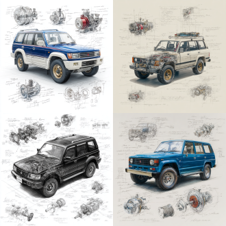mitsubishi pajero v55 evo classic model, 3d central rendering on a pure white background, surrounded by hand-drawn sketches of key components. pencil sketch style with detailed annotations, including text descriptions and precise measurements. the classic color scheme highlights the elegance of this historic vehicle. the design focuses on both the full car and intricate mechanical details, capturing the essence of vintage automotive engineering.