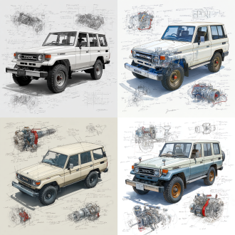 toyota land cruiser lc71 2024 price classic model, 3d central rendering on a pure white background, surrounded by hand-drawn sketches of key components. pencil sketch style with detailed annotations, including text descriptions and precise measurements. the classic color scheme highlights the elegance of this historic vehicle. the design focuses on both the full car and intricate mechanical details, capturing the essence of vintage automotive engineering.