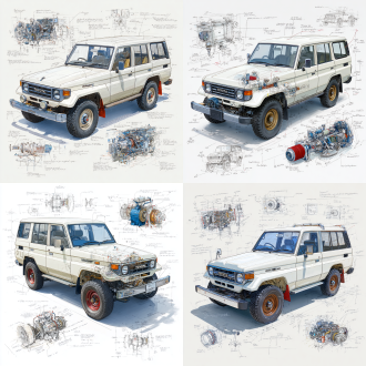 toyota land cruiser lc71 2024 price classic model, 3d central rendering on a pure white background, surrounded by hand-drawn sketches of key components. pencil sketch style with detailed annotations, including text descriptions and precise measurements. the classic color scheme highlights the elegance of this historic vehicle. the design focuses on both the full car and intricate mechanical details, capturing the essence of vintage automotive engineering.
