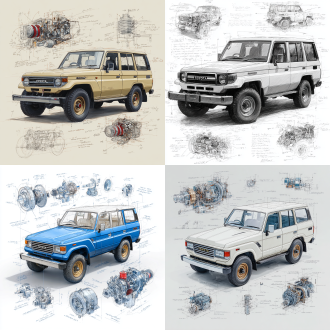 toyota land cruiser lc71 2024 price classic model, 3d central rendering on a pure white background, surrounded by hand-drawn sketches of key components. pencil sketch style with detailed annotations, including text descriptions and precise measurements. the classic color scheme highlights the elegance of this historic vehicle. the design focuses on both the full car and intricate mechanical details, capturing the essence of vintage automotive engineering.