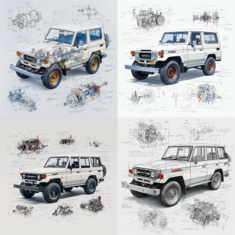 toyota land cruiser lc71 2024 price model, 3d central rendering on a pure white background, surrounded by hand-drawn sketches of key components. pencil sketch style with detailed annotations, including text descriptions and precise measurements. the classic color scheme highlights the elegance of this historic vehicle. the design focuses on both the full car and intricate mechanical details, capturing the essence of vintage automotive engineering.