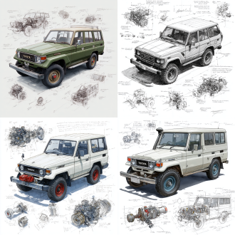 toyota land cruiser lc71 2024 price model, 3d central rendering on a pure white background, surrounded by hand-drawn sketches of key components. pencil sketch style with detailed annotations, including text descriptions and precise measurements. the classic color scheme highlights the elegance of this historic vehicle. the design focuses on both the full car and intricate mechanical details, capturing the essence of vintage automotive engineering.
