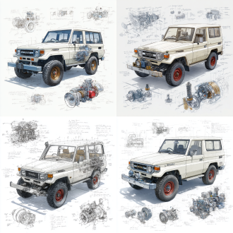 toyota land cruiser lc71 2024 price model, 3d central rendering on a pure white background, surrounded by hand-drawn sketches of key components. pencil sketch style with detailed annotations, including text descriptions and precise measurements. the classic color scheme highlights the elegance of this historic vehicle. the design focuses on both the full car and intricate mechanical details, capturing the essence of vintage automotive engineering.