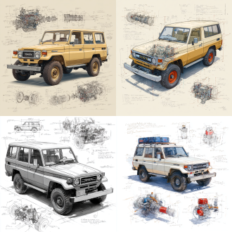 toyota land cruiser lc71 2024 price model, 3d central rendering on a pure white background, surrounded by hand-drawn sketches of key components. pencil sketch style with detailed annotations, including text descriptions and precise measurements. the classic sand color scheme highlights the elegance of this historic vehicle. the design focuses on both the full car and intricate mechanical details, capturing the essence of vintage automotive engineering.