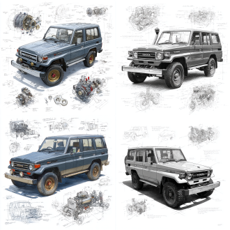 toyota land cruiser lc71 2024 price model, 3d central rendering on a pure white background, surrounded by hand-drawn sketches of key components. pencil sketch style with detailed annotations, including text descriptions and precise measurements. the classic dark grey color scheme highlights the elegance of this historic vehicle. the design focuses on both the full car and intricate mechanical details, capturing the essence of vintage automotive engineering.