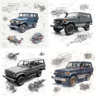 toyota land cruiser lc71 2024 price model, 3d central rendering on a pure white background, surrounded by hand-drawn sketches of key components. pencil sketch style with detailed annotations, including text descriptions and precise measurements. the classic dark grey color scheme highlights the elegance of this historic vehicle. the design focuses on both the full car and intricate mechanical details, capturing the essence of vintage automotive engineering.