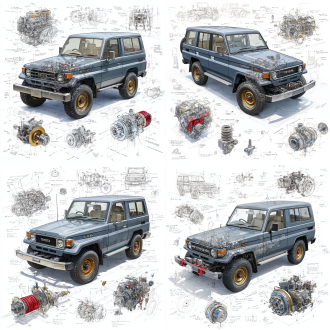 toyota land cruiser lc71 2024 price model, 3d central rendering on a pure white background, surrounded by hand-drawn sketches of key components. pencil sketch style with detailed annotations, including text descriptions and precise measurements. the classic dark grey color scheme highlights the elegance of this historic vehicle. the design focuses on both the full car and intricate mechanical details, capturing the essence of vintage automotive engineering.