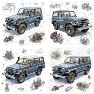 toyota land cruiser lc71 2024 price model, 3d central rendering on a pure white background, surrounded by hand-drawn sketches of key components. pencil sketch style with detailed annotations, including text descriptions and precise measurements. the classic dark grey color scheme highlights the elegance of this historic vehicle. the design focuses on both the full car and intricate mechanical details, capturing the essence of vintage automotive engineering.