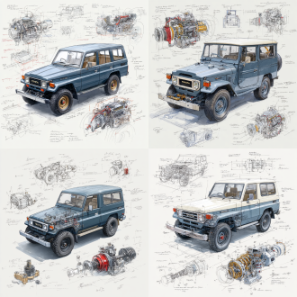 toyota land cruiser lc71 2024 price model, 3d central rendering on a pure white background, surrounded by hand-drawn sketches of key components. pencil sketch style with detailed annotations, including text descriptions and precise measurements. the classic dark grey color scheme highlights the elegance of this historic vehicle. the design focuses on both the full car and intricate mechanical details, capturing the essence of vintage automotive engineering.