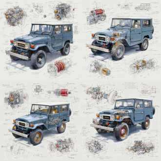 toyota land cruiser lc71 2024 price model, 3d central rendering on a pure white background, surrounded by hand-drawn sketches of key components. pencil sketch style with detailed annotations, including text descriptions and precise measurements. the classic dark grey color scheme highlights the elegance of this historic vehicle. the design focuses on both the full car and intricate mechanical details, capturing the essence of vintage automotive engineering.