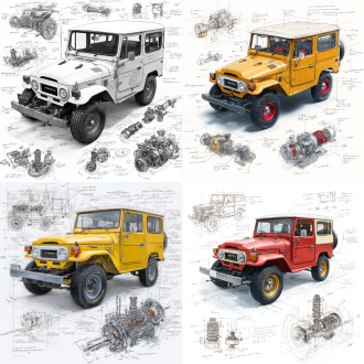 toyota fj40 cruiser 1976 classic model, 3d central rendering on a pure white background, surrounded by hand-drawn sketches of key components. pencil sketch style with detailed annotations, including text descriptions and precise measurements. the classic color scheme highlights the elegance of this historic vehicle. the design focuses on both the full car and intricate mechanical details, capturing the essence of vintage automotive engineering.