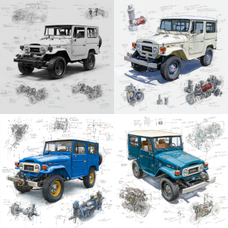 toyota fj40 cruiser 1976 classic model, 3d central rendering on a pure white background, surrounded by hand-drawn sketches of key components. pencil sketch style with detailed annotations, including text descriptions and precise measurements. the classic color scheme highlights the elegance of this historic vehicle. the design focuses on both the full car and intricate mechanical details, capturing the essence of vintage automotive engineering.