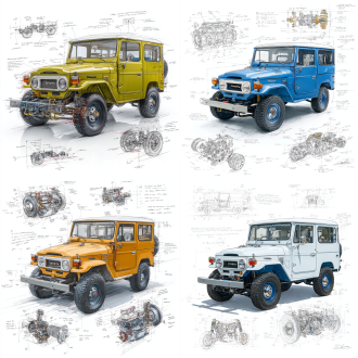 toyota fj40 cruiser 1976 classic model, 3d central rendering on a pure white background, surrounded by hand-drawn sketches of key components. pencil sketch style with detailed annotations, including text descriptions and precise measurements. the classic color scheme highlights the elegance of this historic vehicle. the design focuses on both the full car and intricate mechanical details, capturing the essence of vintage automotive engineering.