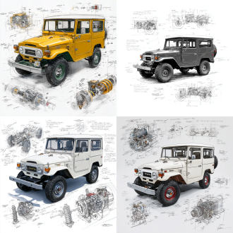 toyota fj40 cruiser 1976 classic model, 3d central rendering on a pure white background, surrounded by hand-drawn sketches of key components. pencil sketch style with detailed annotations, including text descriptions and precise measurements. the classic color scheme highlights the elegance of this historic vehicle. the design focuses on both the full car and intricate mechanical details, capturing the essence of vintage automotive engineering.