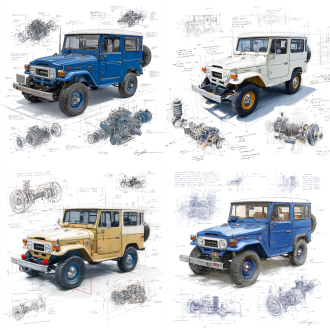 toyota fj40 cruiser 1976 classic model, 3d central rendering on a pure white background, surrounded by hand-drawn sketches of key components. pencil sketch style with detailed annotations, including text descriptions and precise measurements. the classic color scheme highlights the elegance of this historic vehicle. the design focuses on both the full car and intricate mechanical details, capturing the essence of vintage automotive engineering.