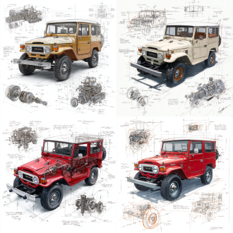 toyota fj40 cruiser 1976 classic model, 3d central rendering on a pure white background, surrounded by hand-drawn sketches of key components. pencil sketch style with detailed annotations, including text descriptions and precise measurements. the classic color scheme highlights the elegance of this historic vehicle. the design focuses on both the full car and intricate mechanical details, capturing the essence of vintage automotive engineering.