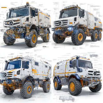 以铅笔手绘风格呈现梅赛德斯-奔驰乌尼莫克u4000的cad蓝图。展示其强大的越野能力和独特结构。画面以黑色线条勾勒在纯白背景上，关键部件如轮胎、悬挂系统和前格栅用轻微的色彩点缀突出，增强视觉效果。