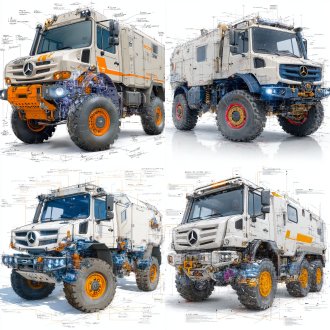 以铅笔手绘风格呈现梅赛德斯-奔驰乌尼莫克u4000的3d图。展示其强大的越野能力和独特结构。画面以黑色线条勾勒在纯白背景上，关键部件如轮胎、悬挂系统和前格栅用轻微的色彩点缀突出，增强视觉效果。