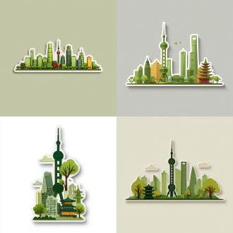 以铅贴纸风格，微缩景观，矢量插画，中国风，上海天际线，绿色，写意，白色边框，留白，2.5d 超扁平 游戏素材 图标集设计
