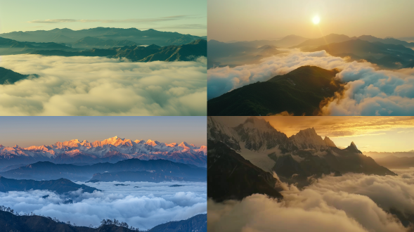 aerial view of yunnan sea of clouds, majestic himalayas in background, golden sunrise light piercing through rolling clouds, ethereal mist floating between mountain peaks, cinematic lighting, 8k ultra hd, fujifilm gfx 100s medium format photography, 16-bit depth, f/11 aperture for deep focus, 1/125 shutter speed to capture cloud movement, iso 50 for clean details, hasselblad xcd 35-75mm zoom lens at 45mm