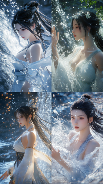 from an angled medium shot perspective, unreal engine 5. chest two dot, obviously, lu xueqi, by square enix cinematic art, 原神. her figure twists gracefully and her head is slightly raised, one hand slightly raises, with a radiant glow all around. the waterfall splashes with water vapor filling the air. trending on cgisociety. (((ethereal chinese anime))).