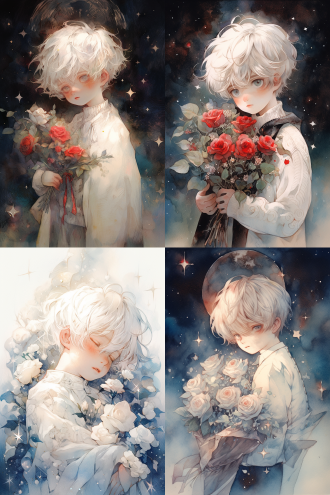 a doll boy with short hair, the body is composed of wood parts, the body is covered with a long white yarn, the boy is holding a bunch of roses looking into the distance, the background is dreamy starry sky, line art, bright colors, watercolor hand-painted style illustration, ultra-high details, ultra-high picture quality, simple, dreamy, beautiful