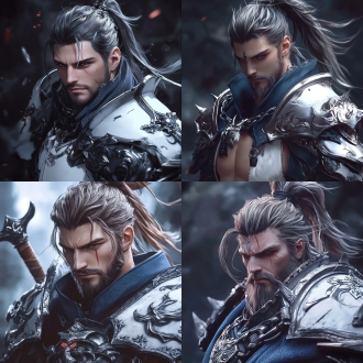 cg，杰作，超高分辨率，男性，头部，胡渣，圆锥型高马尾，单臂银白色尖型肩甲，高领蓝色披风，肩部以上