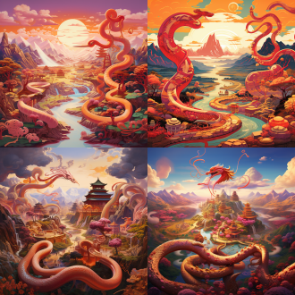 一打快乐蛇游走在中国大地，三分构图，广袤大地场景，暖色调，全景镜头，顶光，蜿蜒游动，生动，欢乐氛围，中国风元素 。