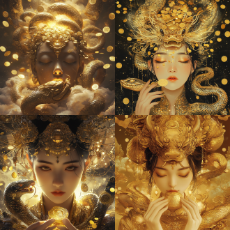 人头蛇身女娲持金元宝补天，金币云布满天空，对称构图，喜庆氛围，暖金色调，特写，顶光，神圣，吉祥，国风。