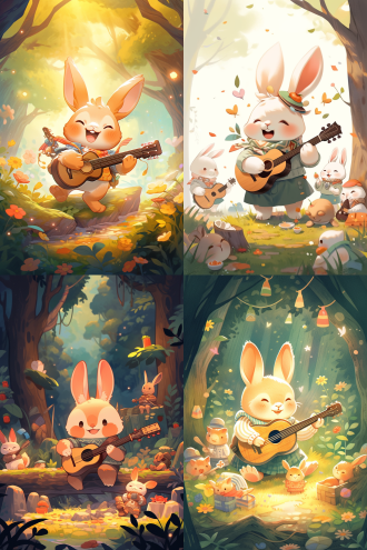 兔子穿可爱衣服拿吉他，森林舞台，动物朋友，儿童绘本风格，温馨治愈，大舞台，明亮色彩，广角镜头，自然光，欢快表情，弹奏动作，和谐氛围，可爱动物，温暖色调。