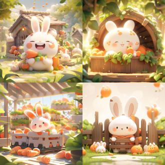盲盒风泡泡玛特兔子在农场，对角线构图，3d、c4d，8k高细节，白背景，工作室照明，亮色，微笑，阳光照，动态捕捉。