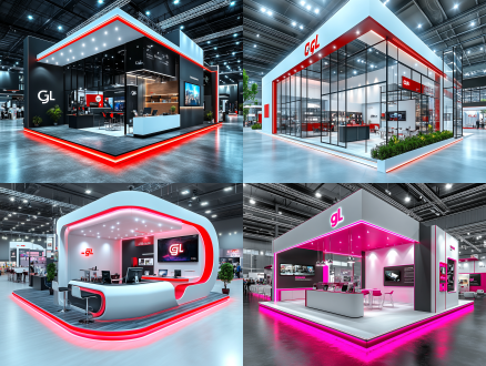 现代展台设计，方正简约的铝料型材结构，高4.5米 长20米宽20米，现代建筑、干净的几何形状、开放式布局、品牌标志"gl"、简约的白色和红色配色方案、柔和的渐变照明、沉浸式环境、时尚专业、技术展示、宽敞的室内展厅、优雅动态的构图、超现实渲染，8k分辨率，最佳画质