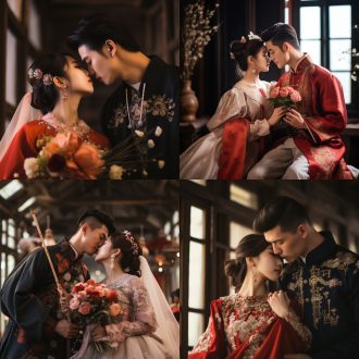 中式婚礼，汉服新娘，新郎亲吻新娘，婚礼仪式，