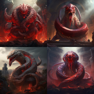 一条红色的蛇怪，体型巨大，古代遗迹背景，效果震撼