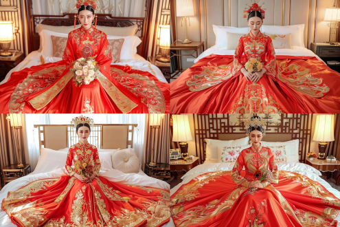 一个身穿秀禾服的美丽新娘做在婚床上面，红色秀禾服，精致的黄金头冠，新娘手捧鲜花，高档婚床