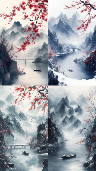 苍茫群山与寒江孤舟隐现于风雪交加中，浓淡墨色皴擦出黑白对比的留白天地，青黛晕染远山层叠，朱砂红梅点缀雪色苍茫，枯笔飞白勾勒雾凇凝霜，空灵静谧间透出隐逸禅意——蓑衣纸伞、孤鹤掠影、雪覆古桥，虚实相生