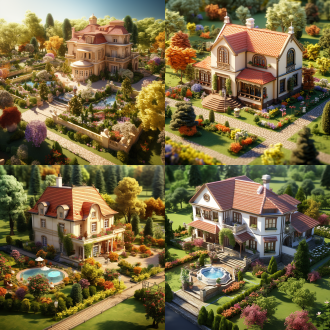 欧式花园别墅，多层建筑，华丽，小屋在花园中心，明亮的阳光，多彩的花朵环绕，斜角构图，温暖色调，静态，宁静，欢快。等距视角，高饱和度，细腻纹理，柔和光线，自然环境，全景镜头，正面光，慢快门，平衡构图，鲜艳色彩，愉悦情感。