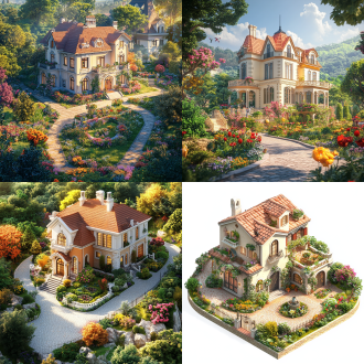 欧式花园别墅，多层建筑，华丽，小屋在花园中心，明亮的阳光，多彩的花朵环绕，斜角构图，温暖色调，静态，宁静，欢快。等距视角，高饱和度，细腻纹理，柔和光线，自然环境，全景镜头，正面光，慢快门，平衡构图，鲜艳色彩，愉悦情感。