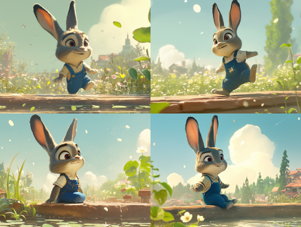 an energetic and lively rabbit named mimi is hopping through a lush forest filled with green trees and colorful wildflowers. she's about to leap over a clear, babbling brook that cuts through the woods. 迪士尼 皮克斯