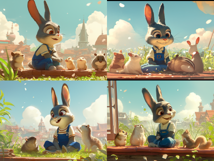 mimi is playing joyfully with a group of woodland creatures including squirrels, birds, and hedgehogs. they're gathered in a circle on a grassy field, all wearing big happy smiles on their faces. 迪士尼 皮克斯
