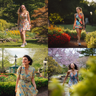 人物穿运动连衣裙春游，花园背景，三分法全身照，长焦逆光，清新色，欢笑漫步，面部细致，活力氛围，自然环境。