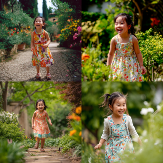 中国小女孩穿运动连衣裙在花园春游，欢笑漫步，三分法全身照，长焦逆光，清新色，面部细致，活力氛围。
