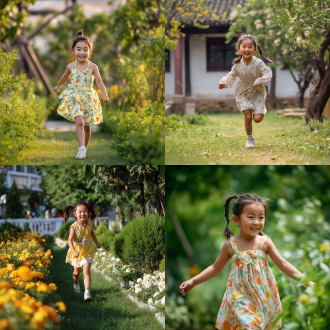中国小女孩穿运动连衣裙春游，花园背景，三分法全身照，长焦逆光，清新色，欢笑漫步，活力氛围，超高画质8k